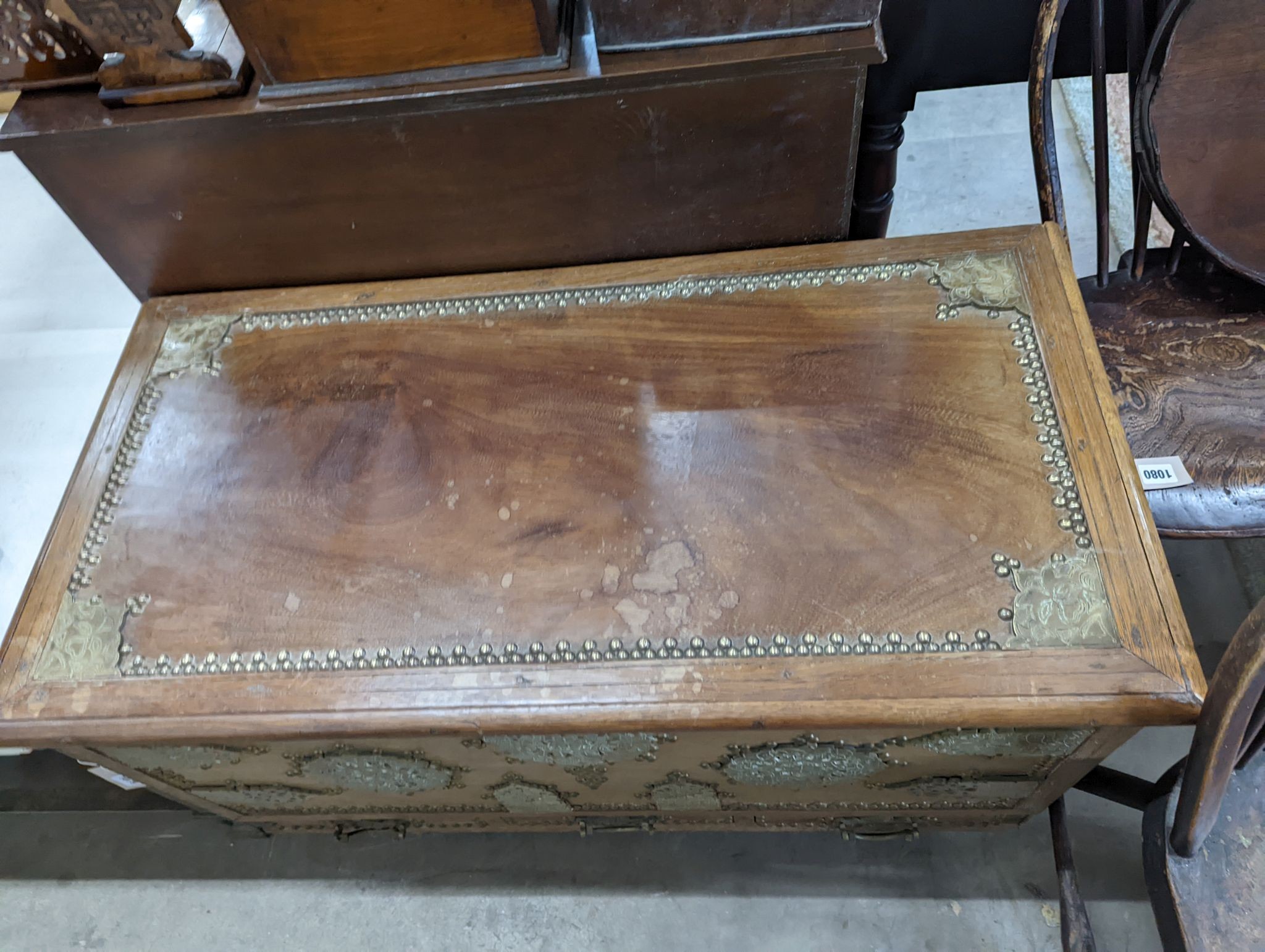 A studded wood hardwood Zanzibar chest, width 96cm, depth 48cm, height 60cm